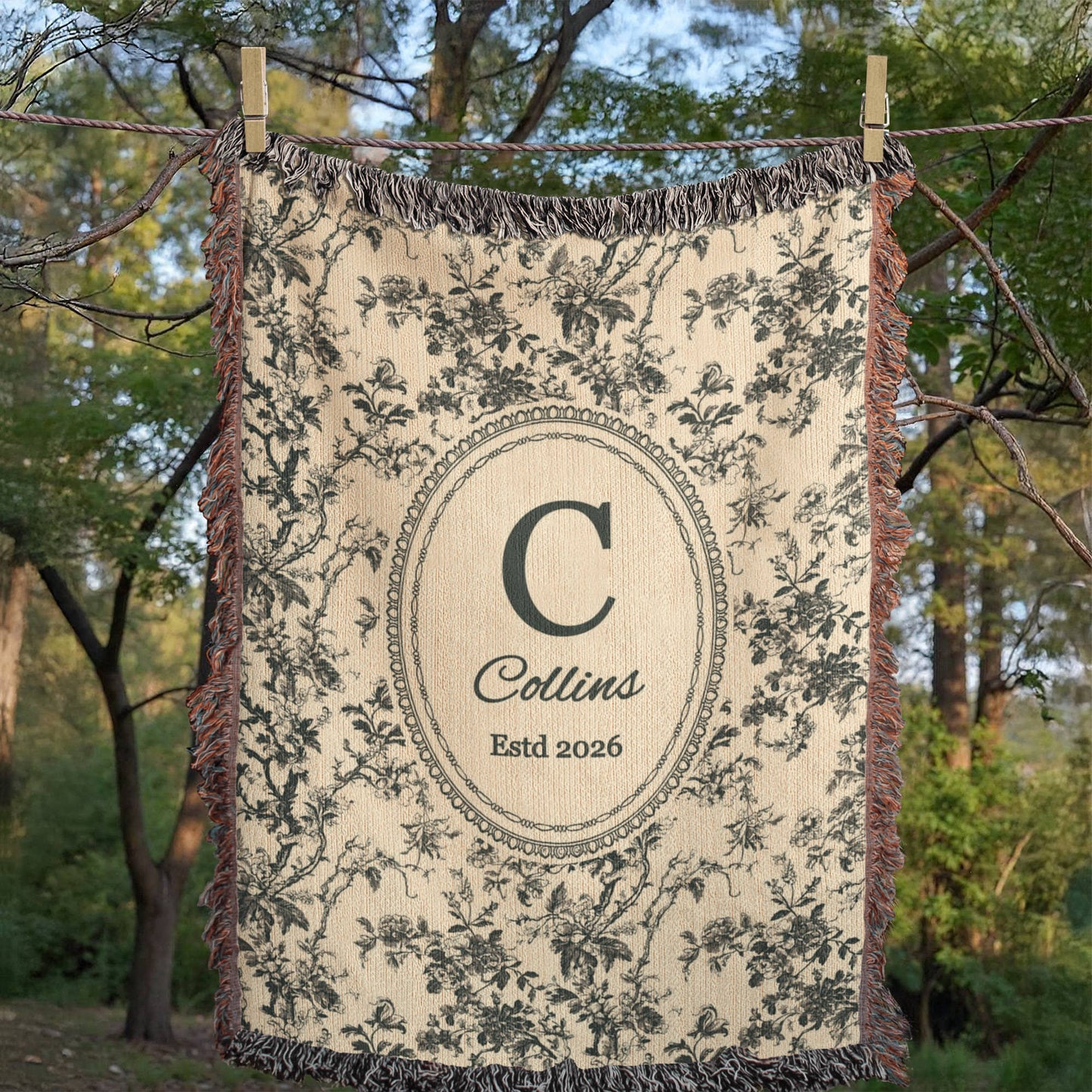 Custom family woven blanket displayed as classic living room décor