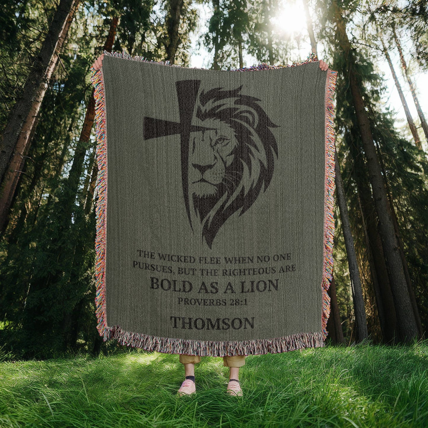 Personalized Woven Blanket with Lion Cross, Custom Name Blanket, Christian Gift For Men Women Teens Husband Boyfriend Father Son Daughter