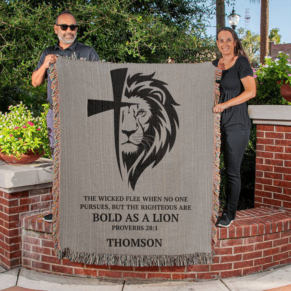 Personalized Woven Blanket with Lion Cross, Custom Name Blanket, Christian Gift For Men Women Teens Husband Boyfriend Father Son Daughter