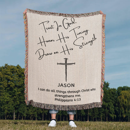 Personalized Woven Blanket with Cross Custom Name and Bible Verse Throw Blanket Christian Gift For Men Women Husband Boyfriend Son Grandson