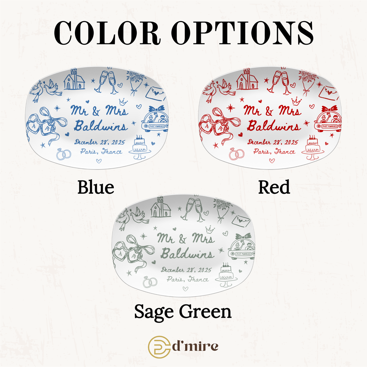 Color options chart for custom oval wedding labels, showing three designs: Blue, Red, and Sage Green. Each label features a white background with romantic illustrations of a bride and groom, champagne glasses, a wedding cake, and rings, along with placeholder text 'Mr.