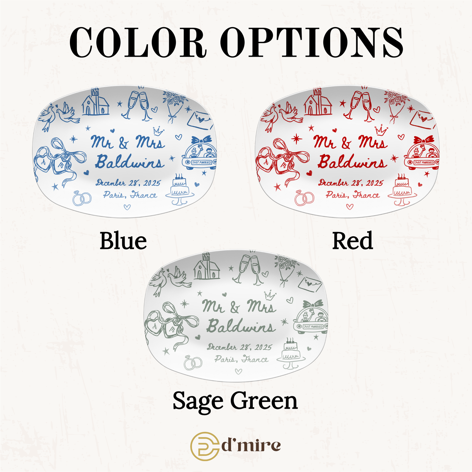 Color options chart for custom oval wedding labels, showing three designs: Blue, Red, and Sage Green. Each label features a white background with romantic illustrations of a bride and groom, champagne glasses, a wedding cake, and rings, along with placeholder text 'Mr.