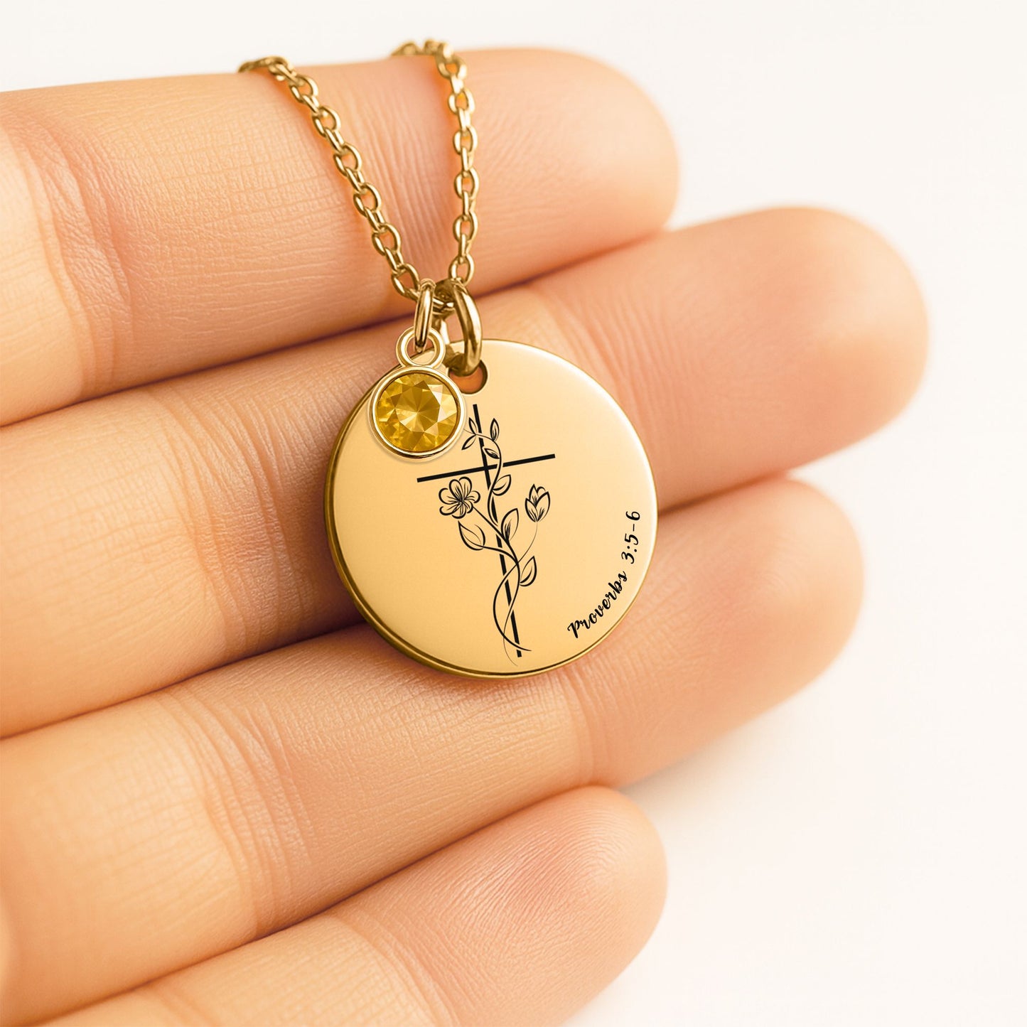 Personalized Christian new beginnings necklace with birthstone and Bible verse