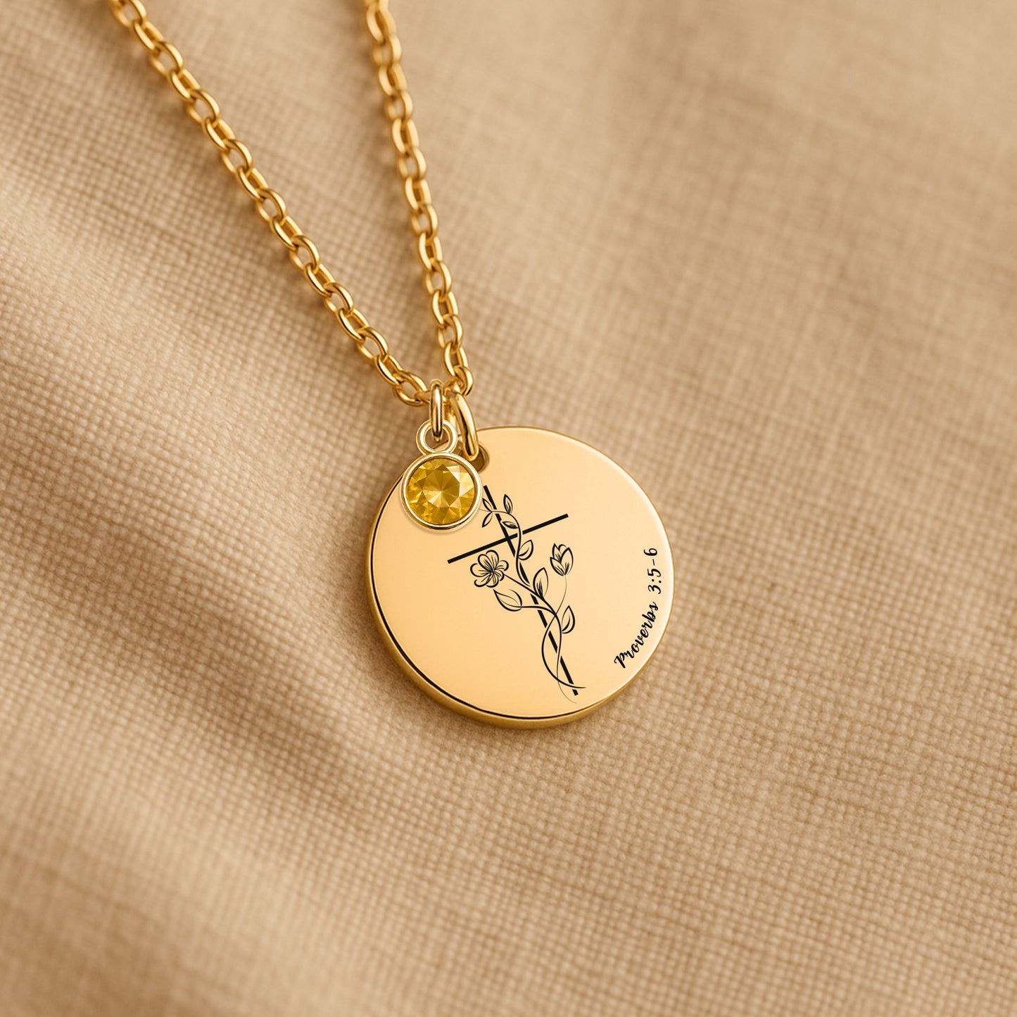 Custom birthstone necklace with Bible verse and optional back engraving
