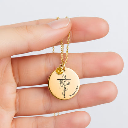 Personalized Christian new beginnings necklace with birthstone and Bible verse