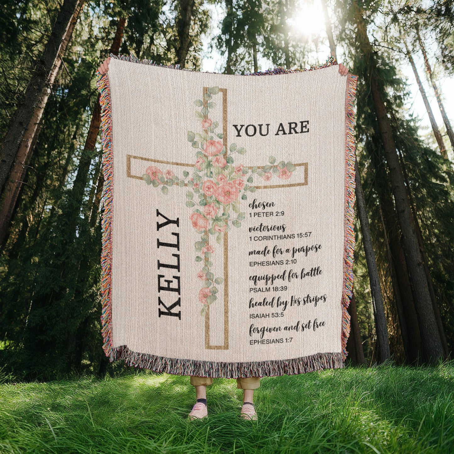 Personalized Woven Blanket with Flower Cross Custom Name Throw Christian Gift For for Women Teens Baptism Birthday Valentine Gifts