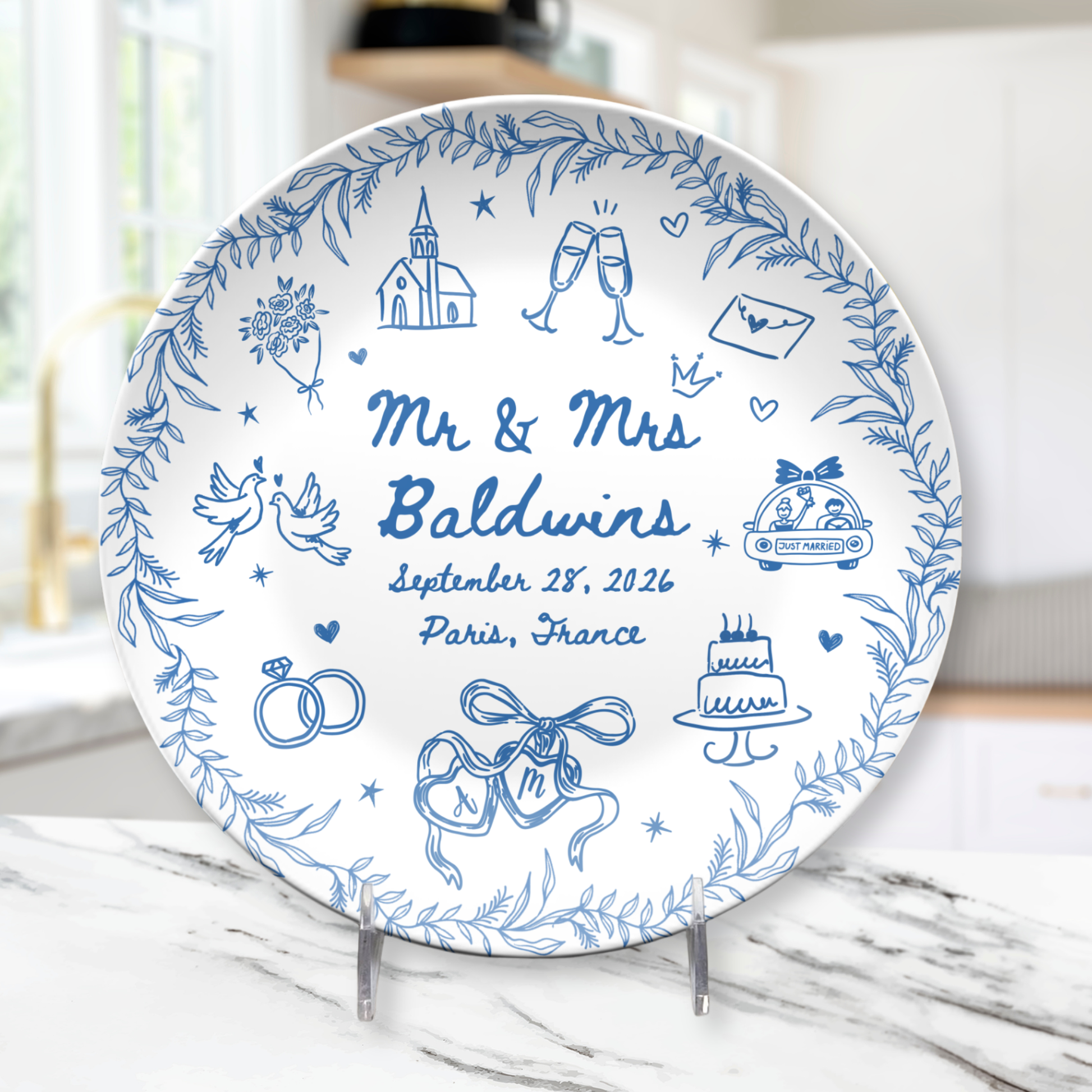 Custom newlywed plate with blue wedding design and personalized couple details