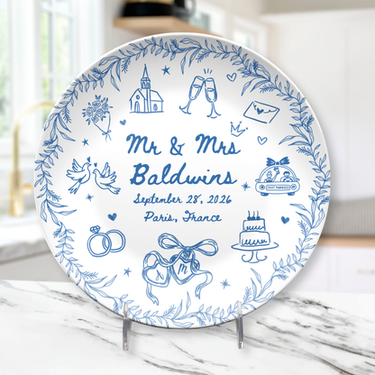 Custom newlywed plate with blue wedding design and personalized couple details