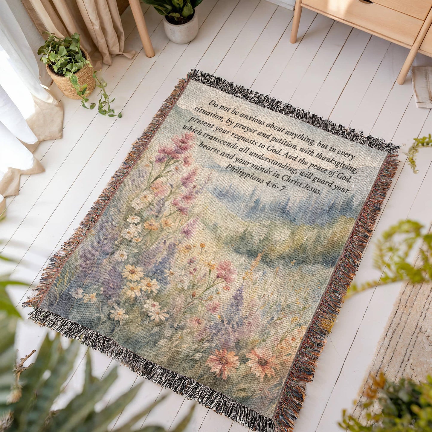 Personalized Woven Blanket with Bible Verse Wildflower Art Throw Bible Art Print Floral Scripture Christian Gift For Him Her