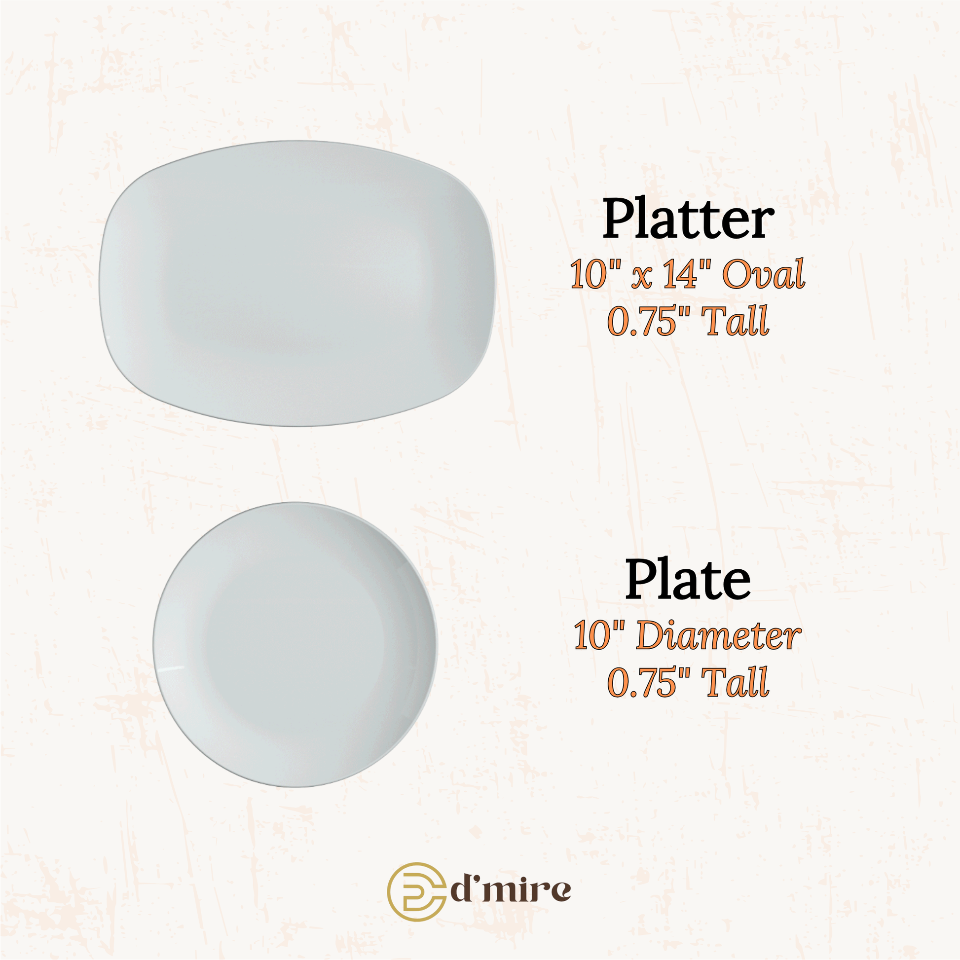 Two white ceramic tableware pieces on a light beige textured background: an oval platter labeled 10" x 14" oval, 0.75" tall, and a round plate labeled 10" diameter, 0.