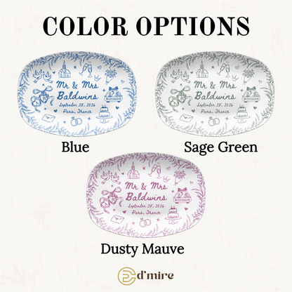 Color options chart for a rectangular decorative tray with rounded corners, showing three printed designs labeled Blue, Sage Green, and Dusty Mauve. 