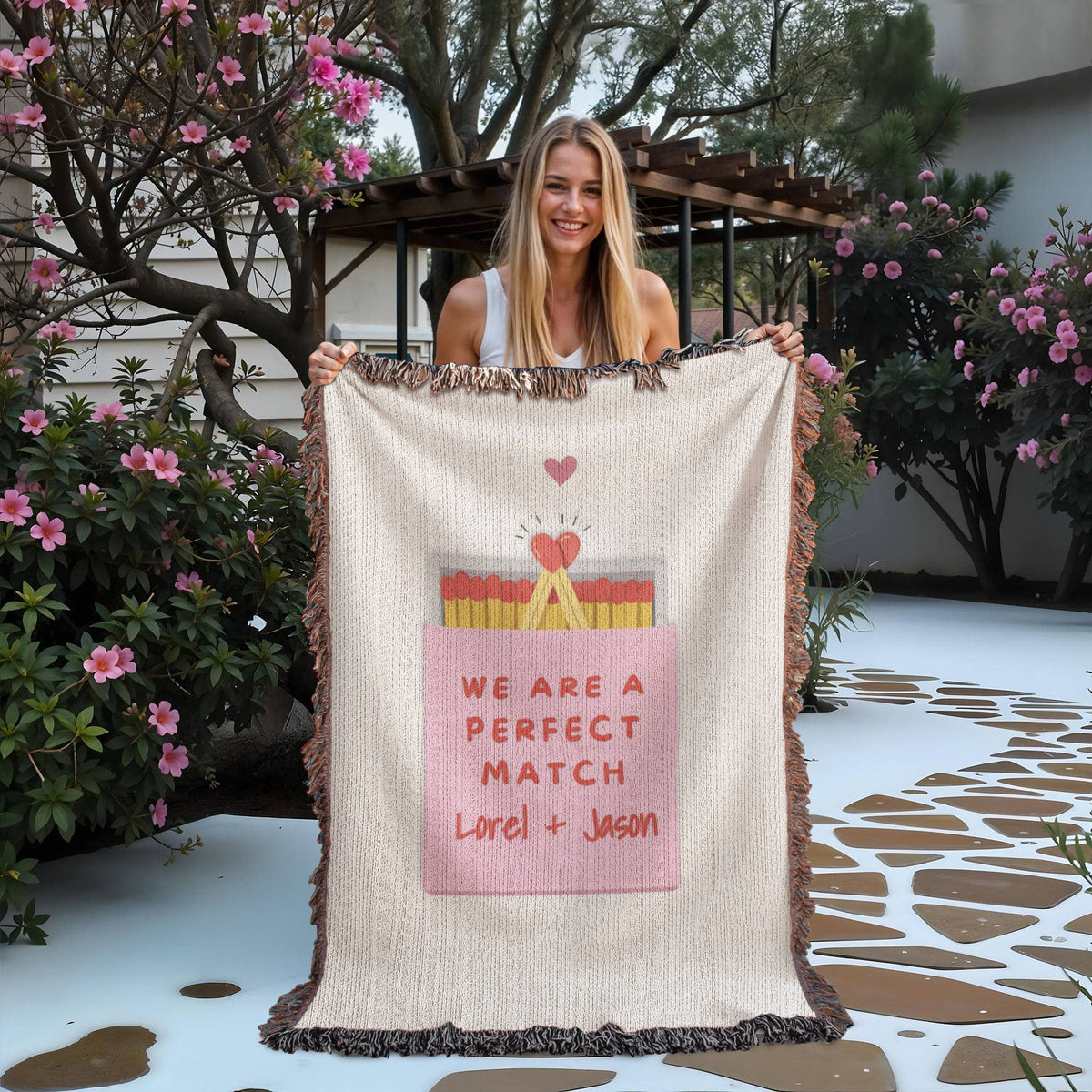 Personalized woven wedding keepsake displayed on a sofa