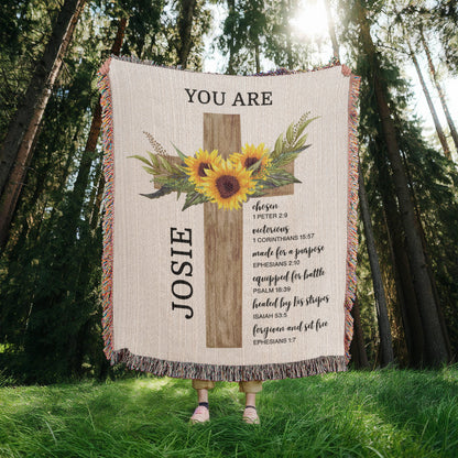 Personalized Woven Blanket with Sunflower Cross Custom Name Throw Blanket Christian Gift For for Women Teens Baptism Birthday Valentine Gift