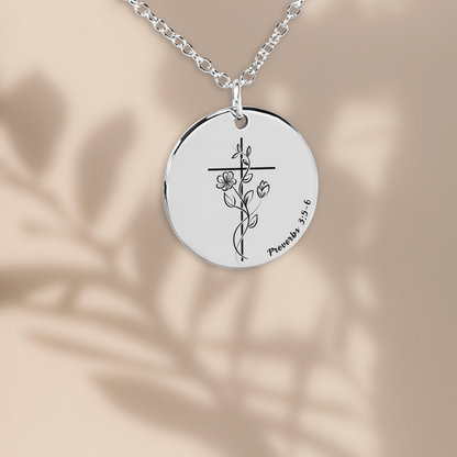 Personalized faith necklace featuring floral cross pendant and Bible verse