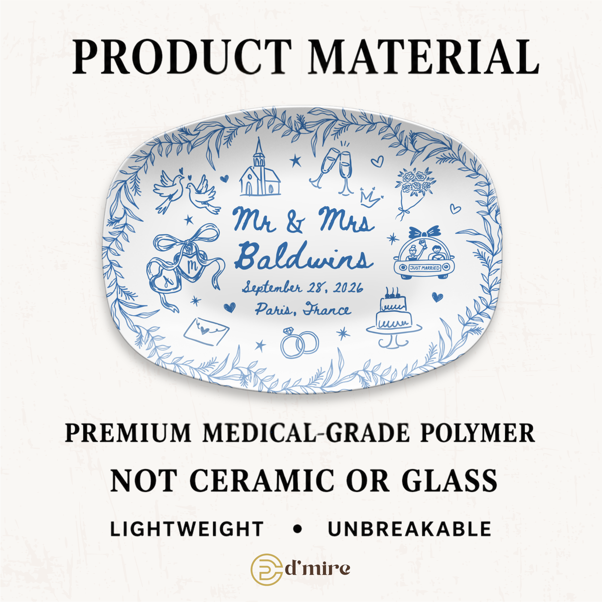 Product material information graphic for a decorative oval tray or plate. The central product shown is a white tray with blue illustrated wedding-themed designs and the text 'Mr.