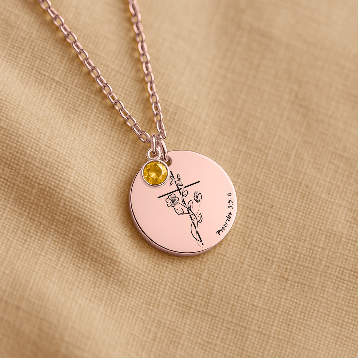Custom birthstone necklace with Bible verse and optional back engraving