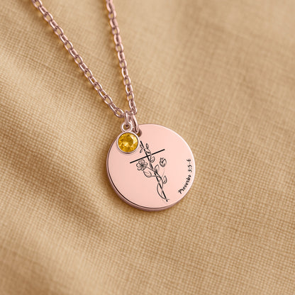 Custom birthstone necklace with Bible verse and optional back engraving