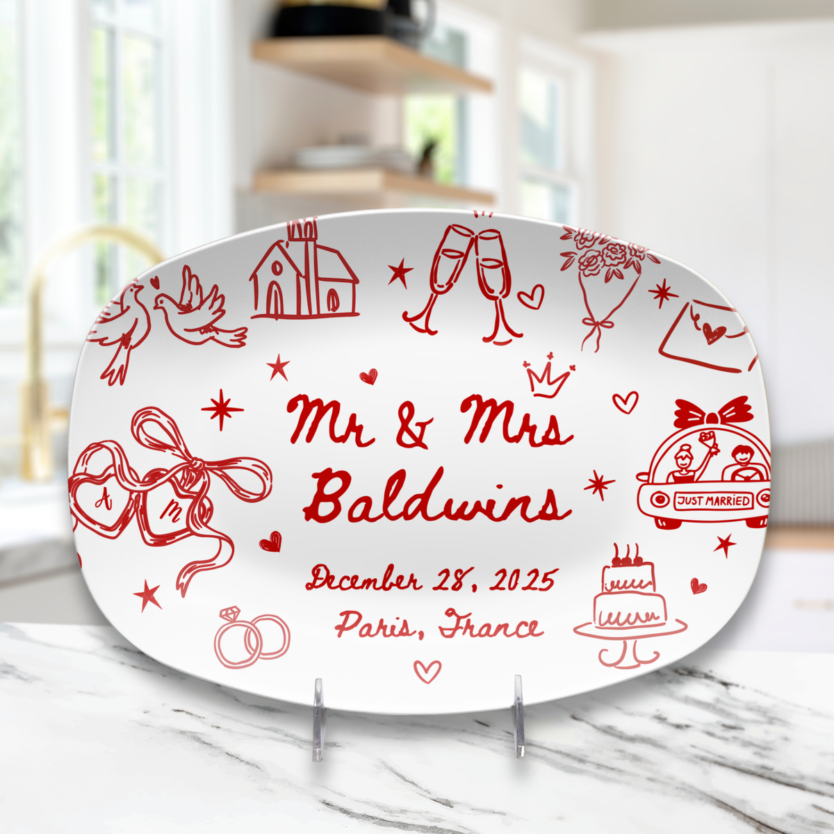 Personalized wedding platter with couple names date and location