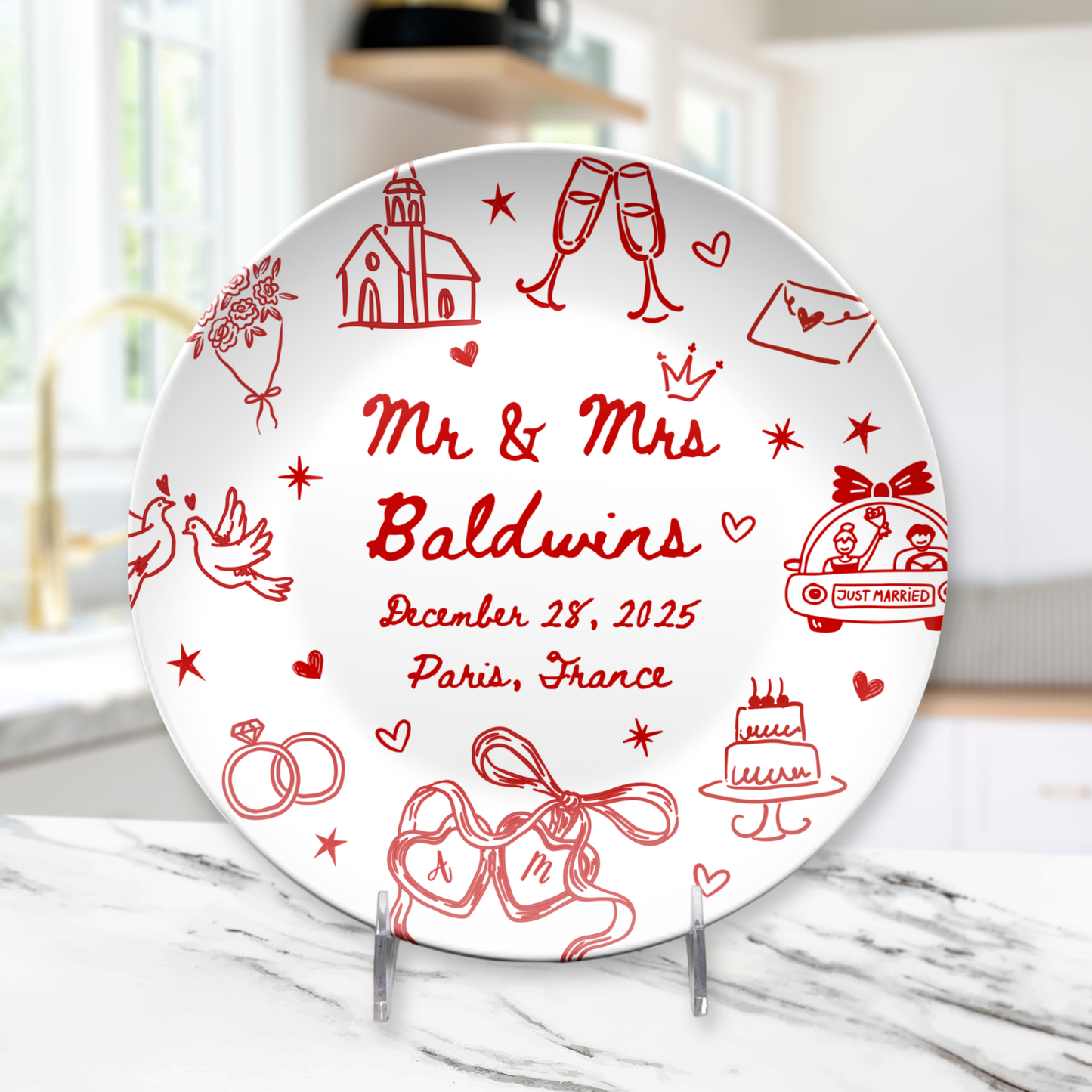 Custom newlywed plate with couple initials wedding date and location