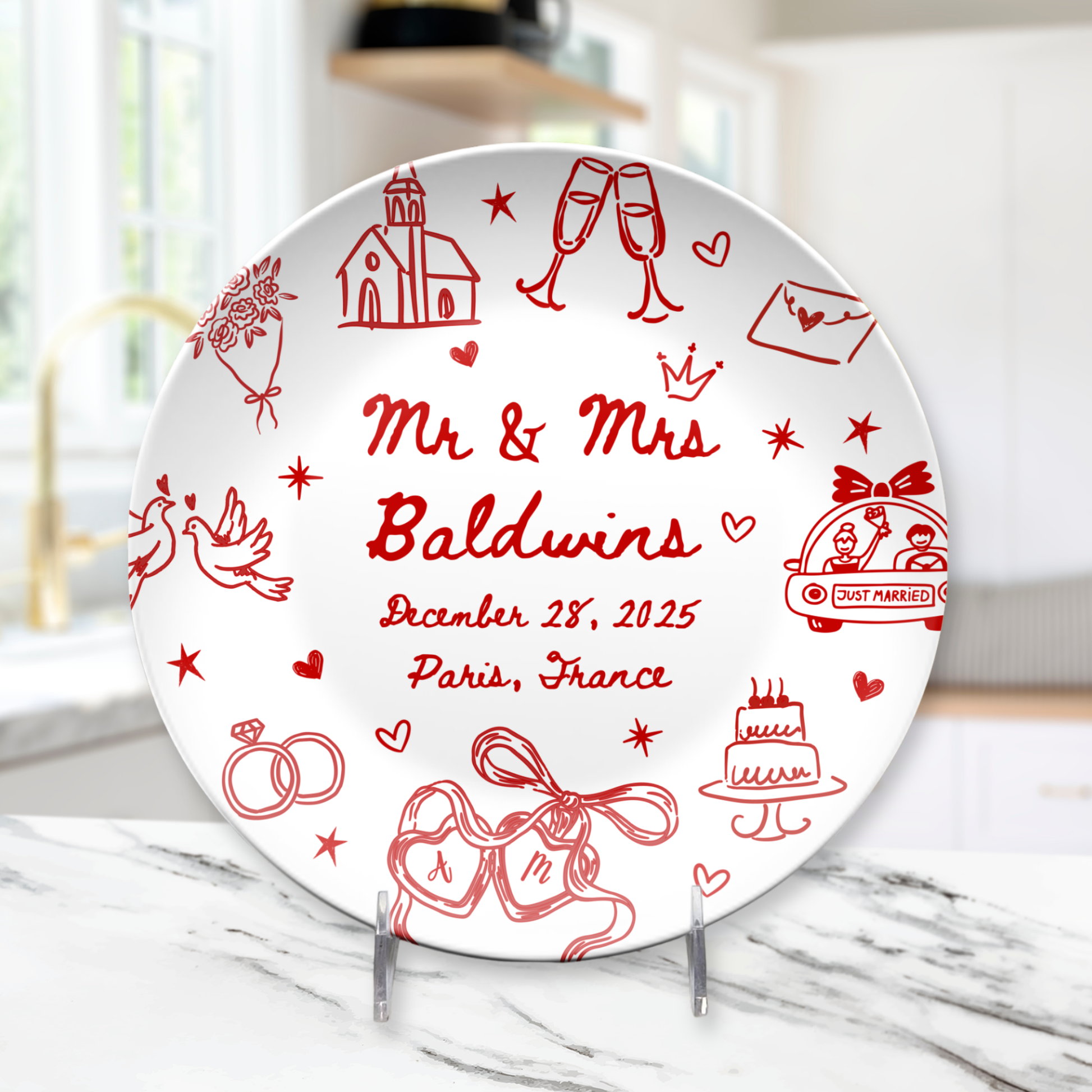 Custom newlywed plate with couple initials wedding date and location