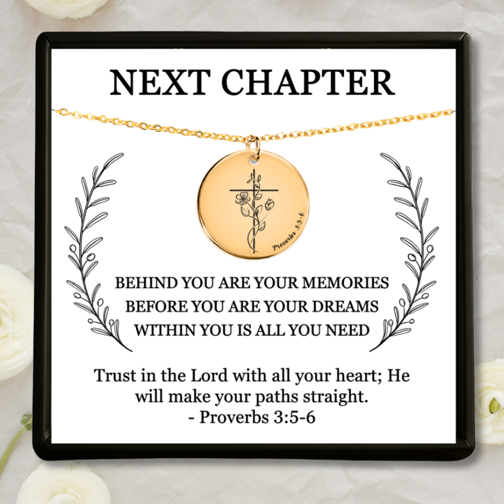 Personalized Next Chapter Christian necklace with Proverbs 3 5 6 pendant and custom back engraving