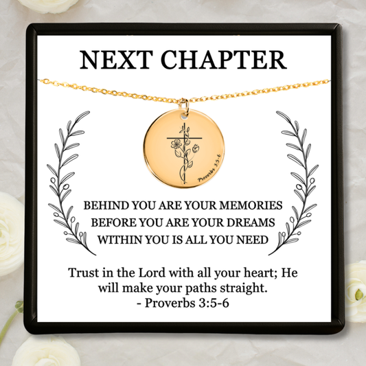 Personalized Next Chapter Christian necklace with Proverbs 3 5 6 pendant and custom back engraving