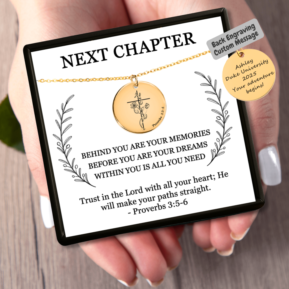 Personalized Next Chapter Christian necklace with Proverbs 3 5 6 pendant and custom back engraving