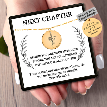 Personalized Next Chapter Christian necklace with Proverbs 3 5 6 pendant and custom back engraving