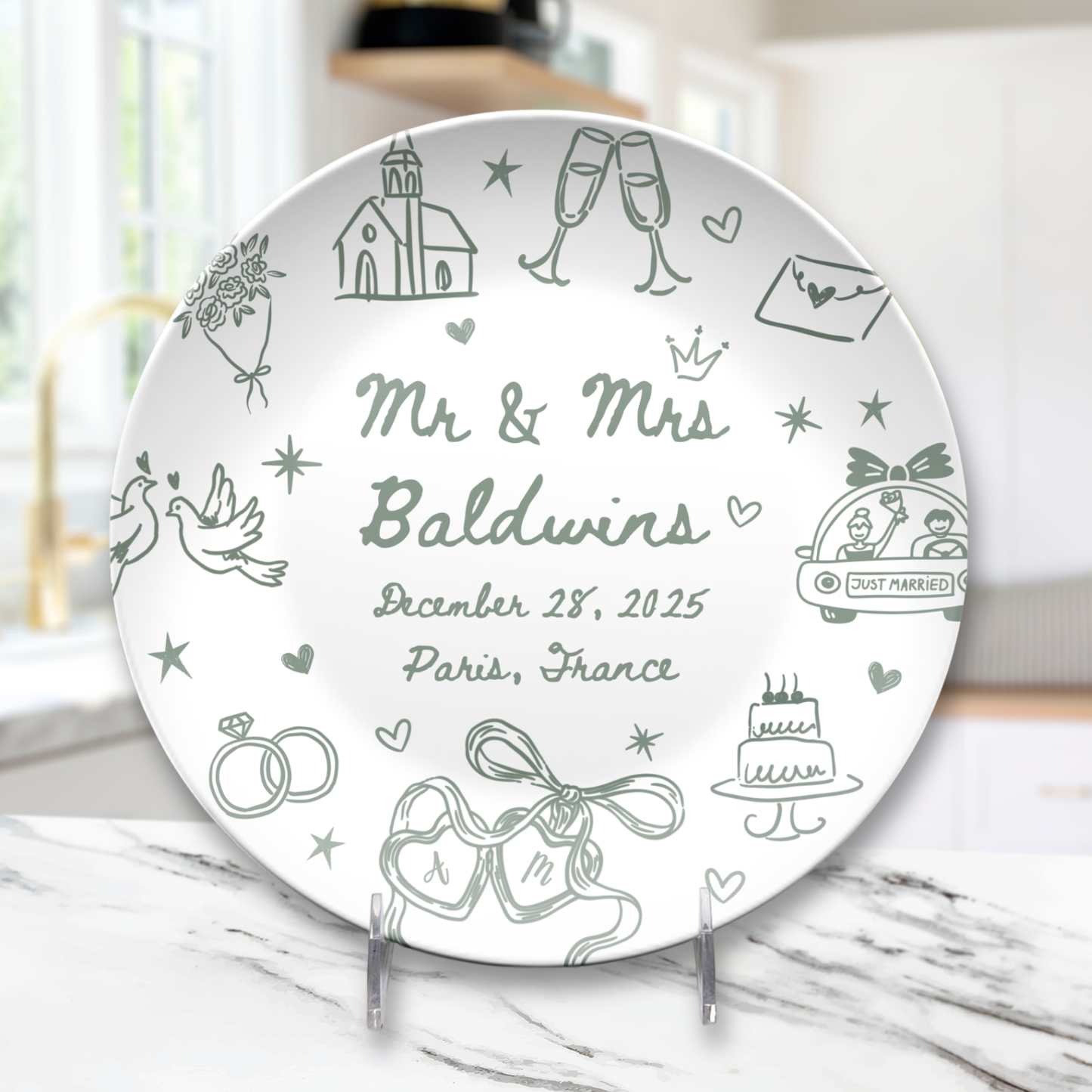 Custom newlywed plate with couple initials wedding date and location