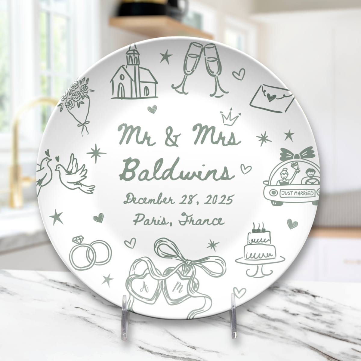 Custom newlywed plate with couple initials wedding date and location