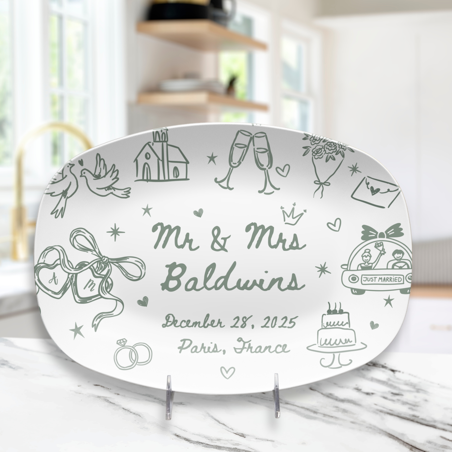 Personalized wedding platter with couple names date and location