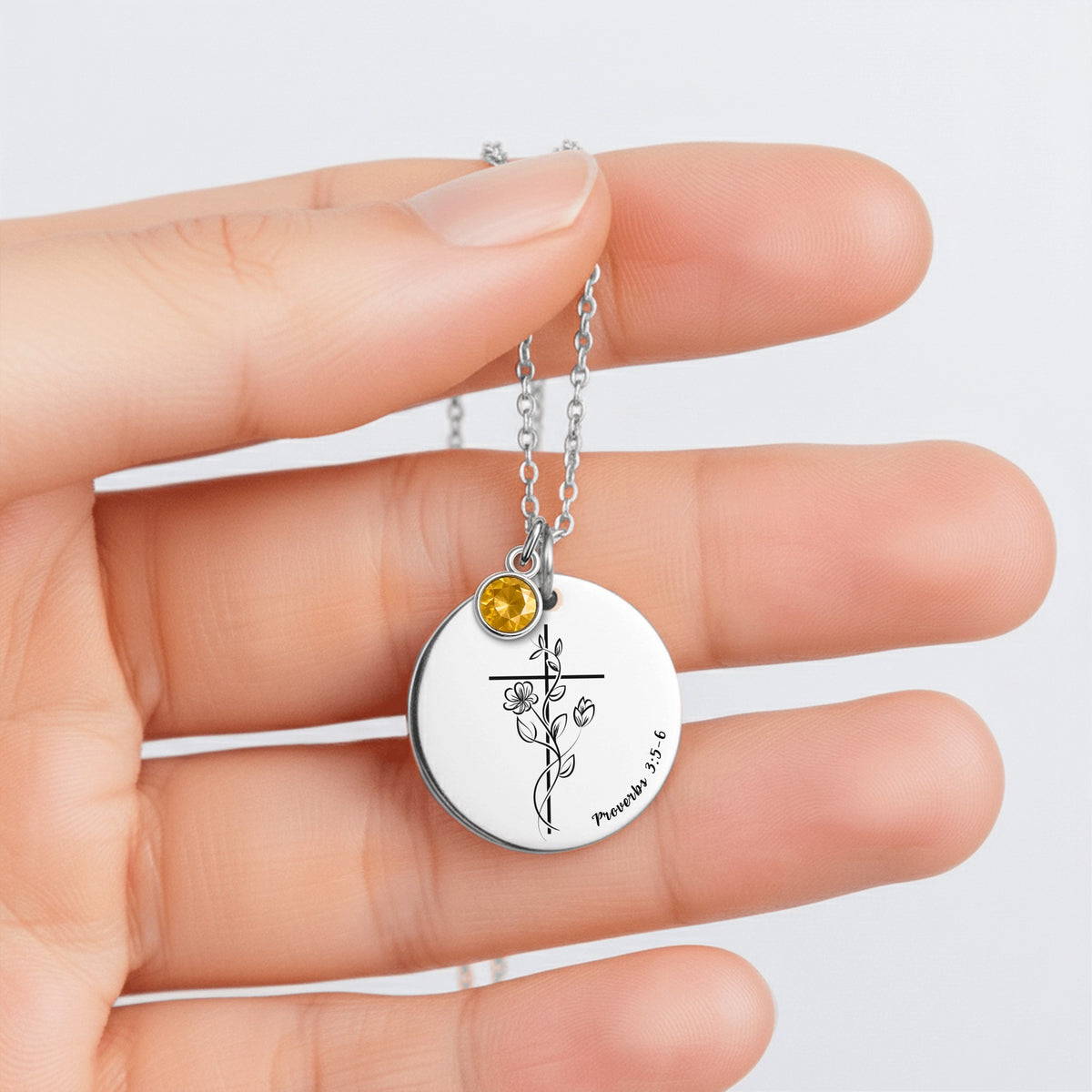 Custom birthstone necklace with Bible verse and optional back engraving