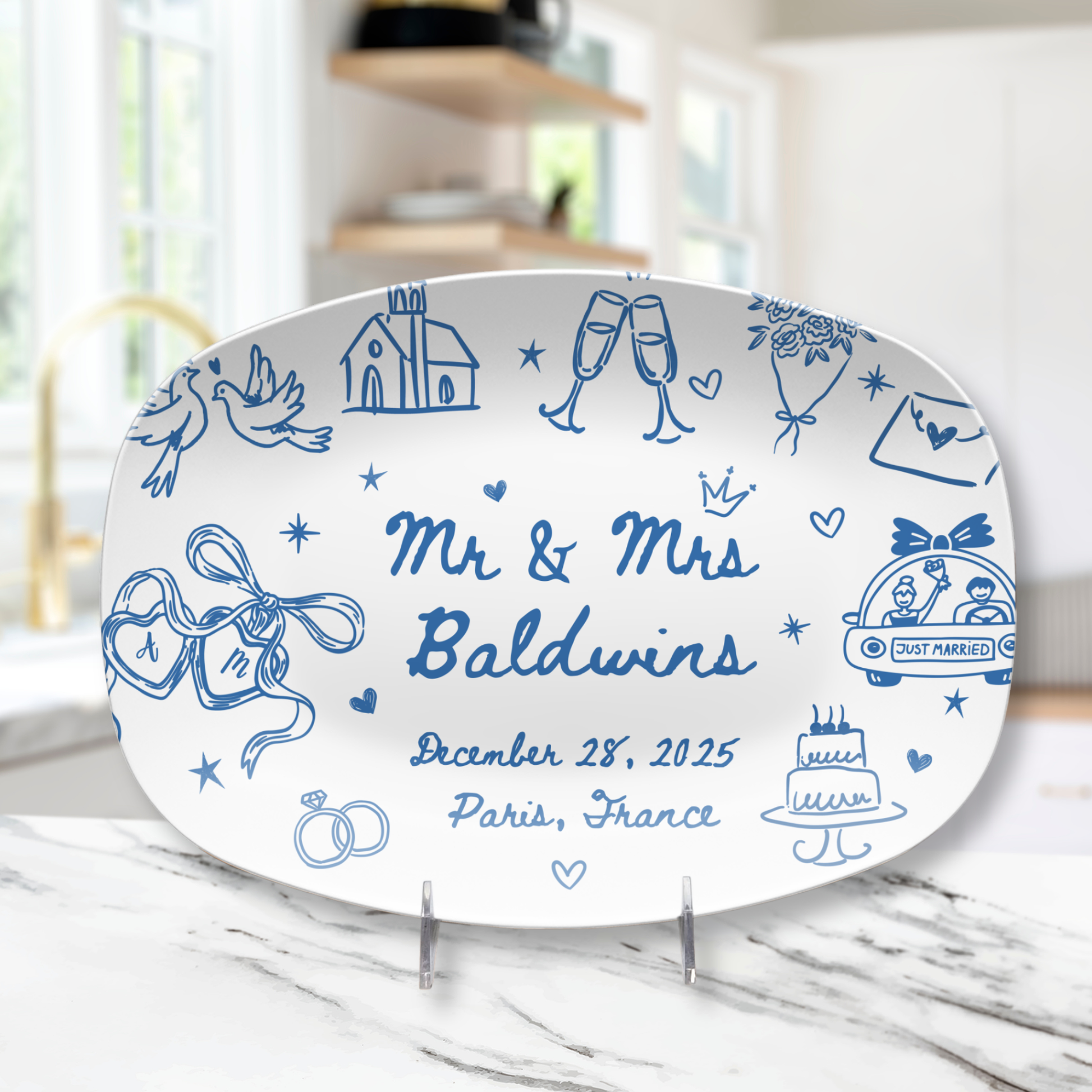Personalized wedding platter with couple names date and location