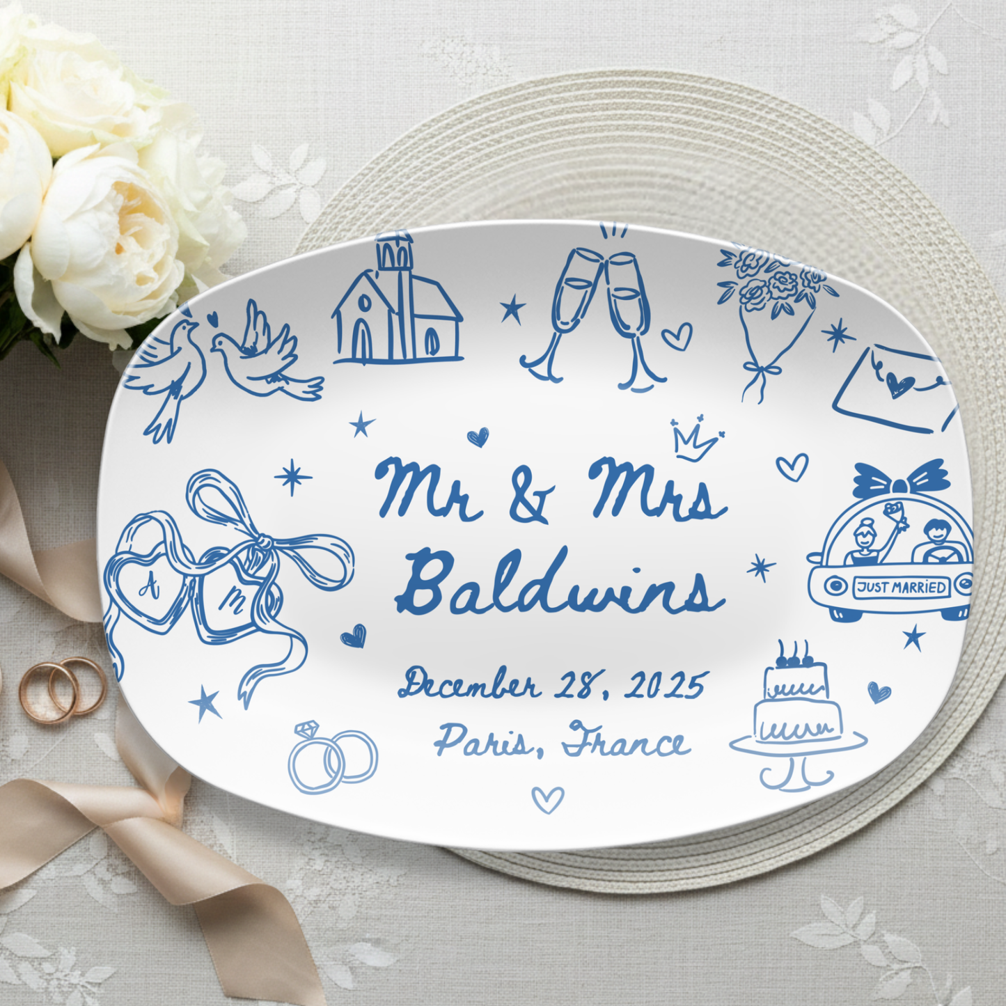 Custom wedding platter with last name initials and wedding date