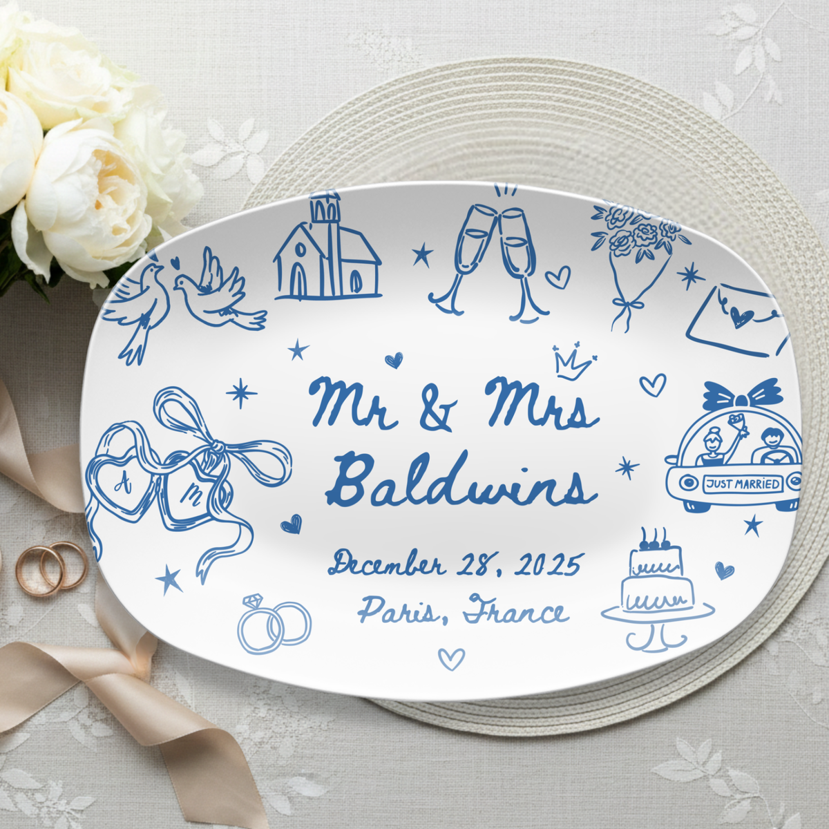 Custom wedding platter with last name initials and wedding date