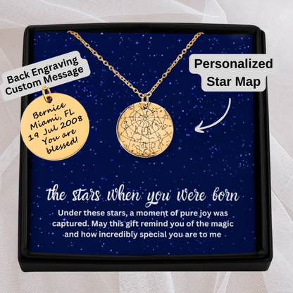 Personalized Star Map Necklace – Custom Engraved Golden Birthday Gift